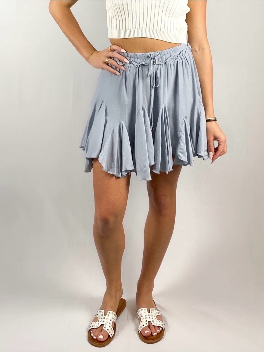 Entro Ruffle Mini Skort Tassel Drawstring S Blue Pull Up Summer Beachy Comfy